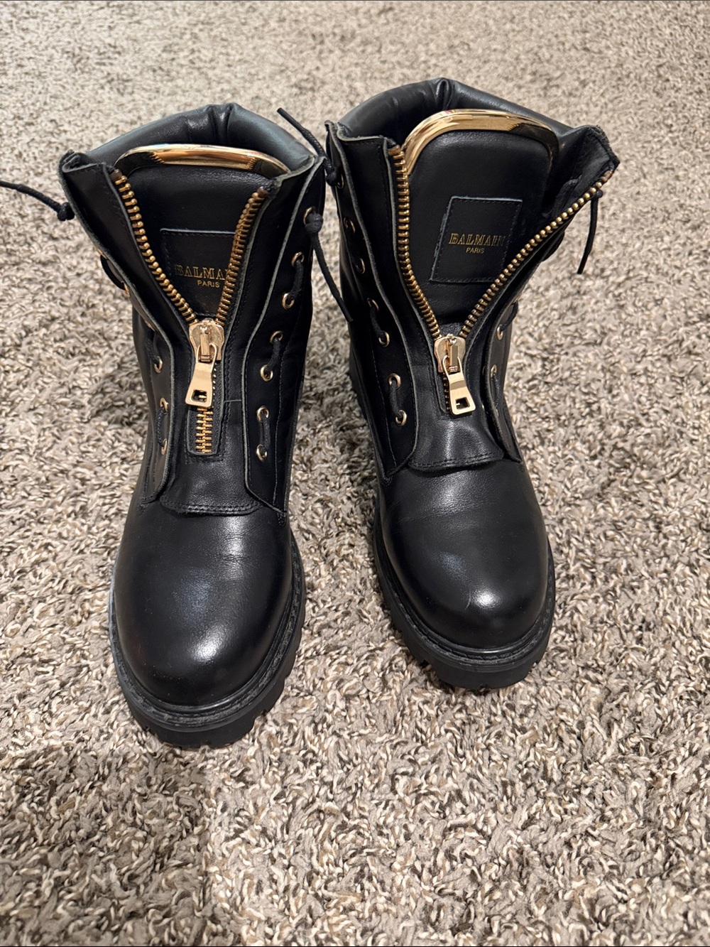 Balmain Black Leather Ankle Boots with Gold Hardware. Size 39